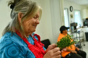 A woman shows fresh thyme, grown in a local community garden, during a visit to a First Nations' Elders Centre.