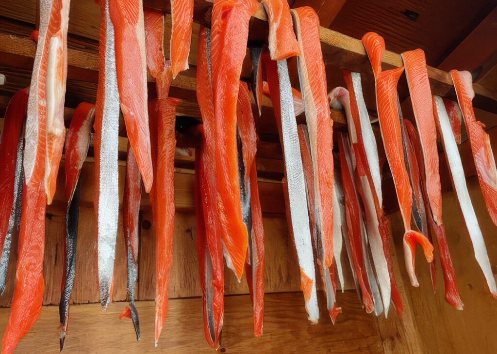 Salmon is hanging to dry in a traditional method in the Ahousaht First Nation territory.