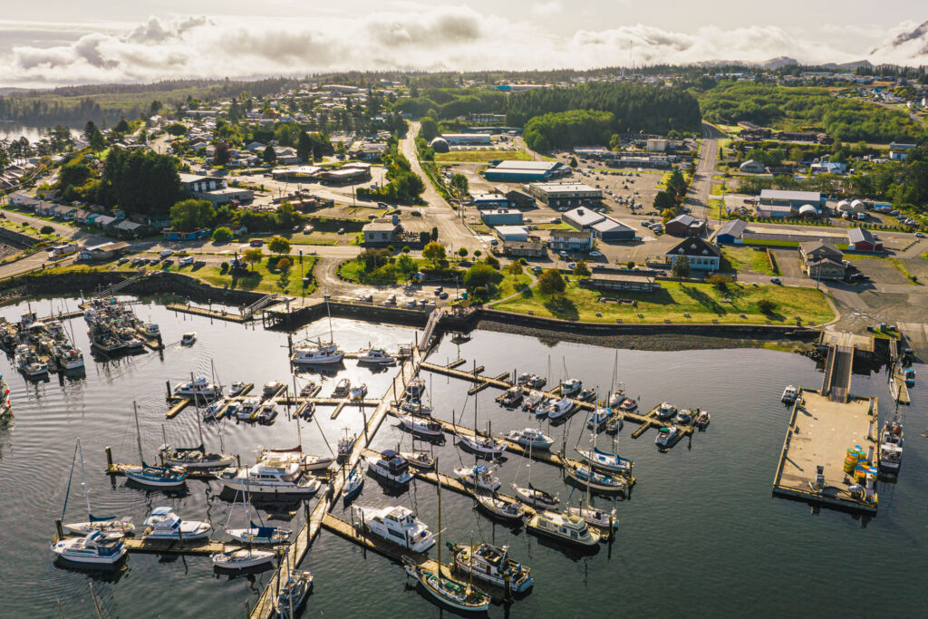 The Port McNeill Marina development shows nearly 100 boats along docks alongside the downtown area.