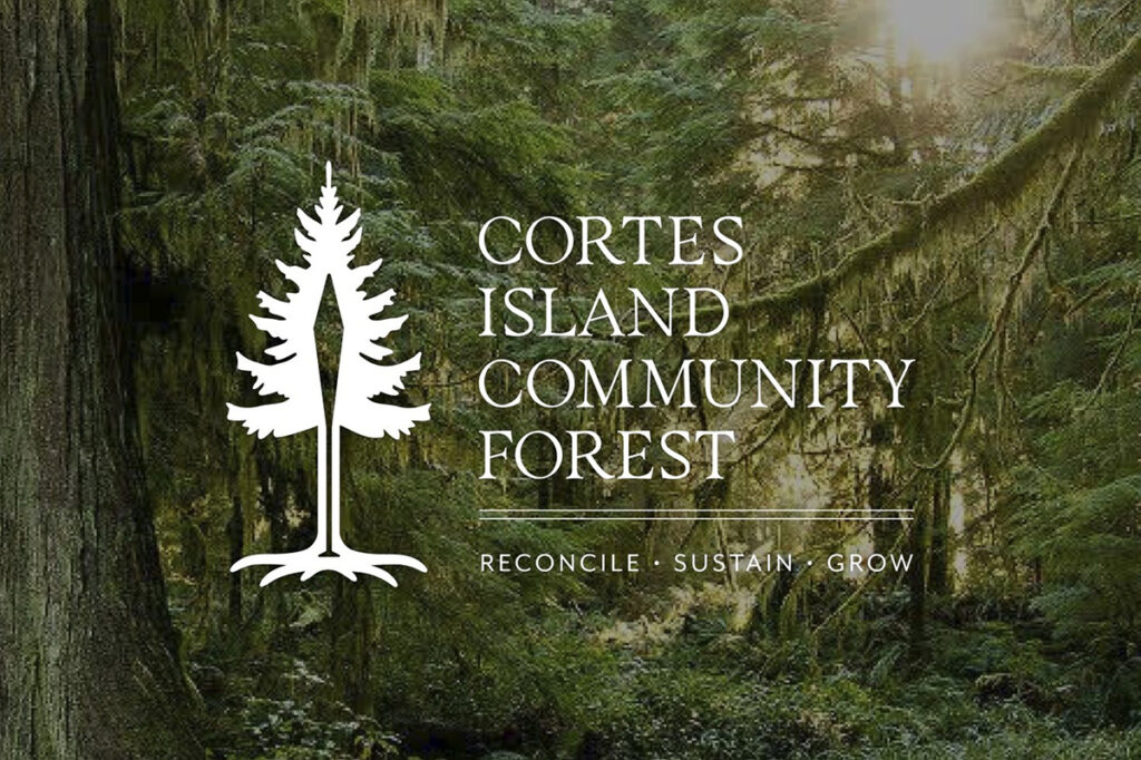 The Cortes Island Community Forest logo showcases an old growth tree beside their word mark.