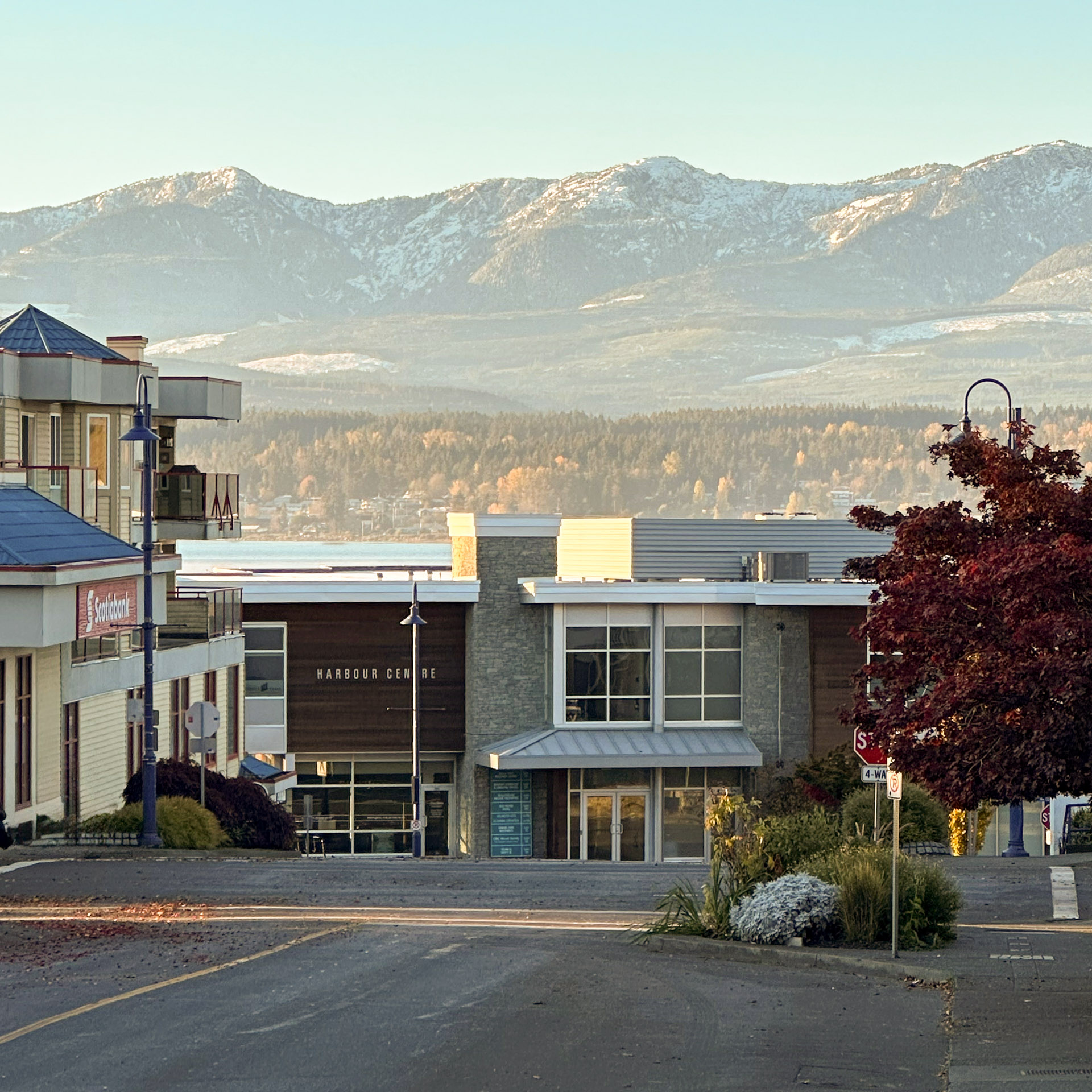An image of Downtown Comox, looking towards the Beaufort Mountains.