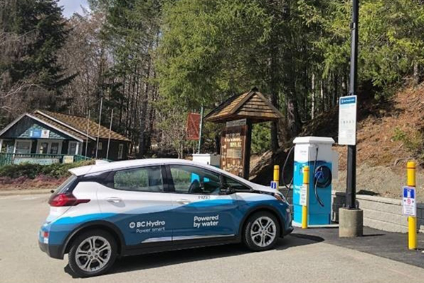 A BCHydro electric car charges at a station in Gold River.