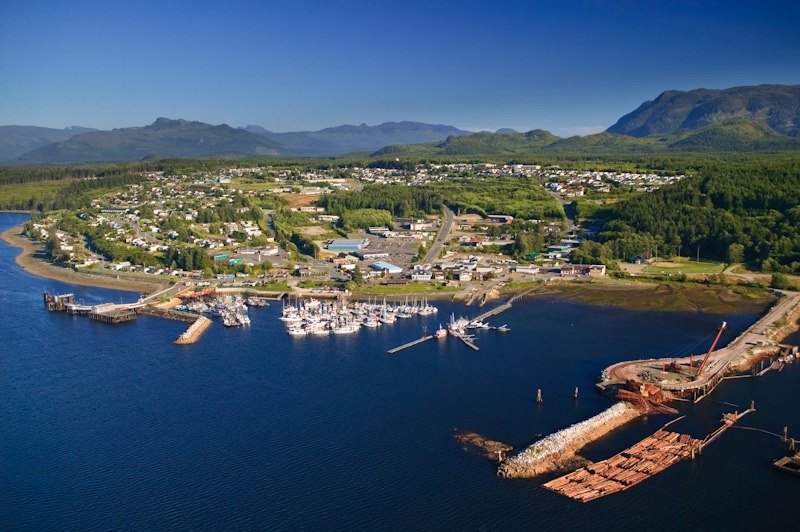 An evening view of the Port McNeill Harbour and marina taken by a drone.